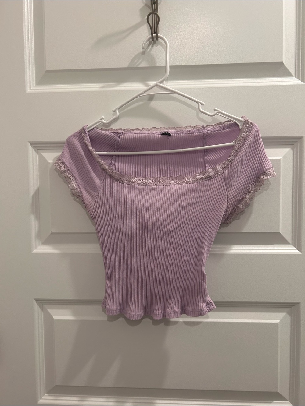 Lace-Trim Ribbed Lavender Off-Shoulder Top